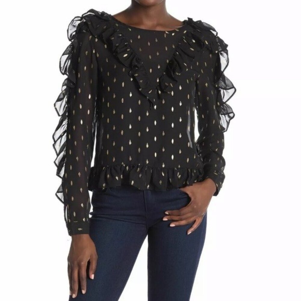 NWT FREE Generation Sheer Ruffle Blouse Women’s Medium Black Gold Foil